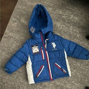 US Polo Assn Blue and White Kids Hooded PufferJacket Size 2T